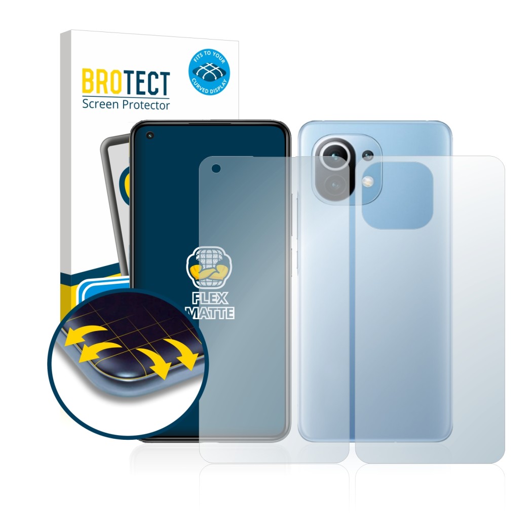 Vorderseite einer Produktverpackung mit dem Markenlogo BROTECT. Daneben ist das Gerät Xiaomi Mi 11 Lite 5G (Display+Rückseite)