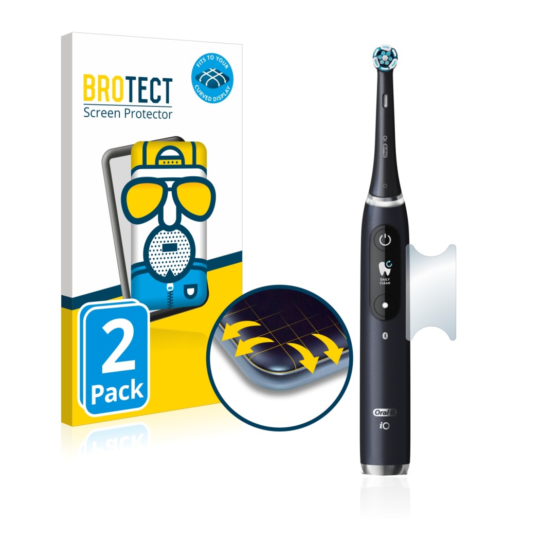 Vorderseite einer Produktverpackung mit dem Markenlogo BROTECT. Daneben ist das Gerät Oral-B iO 9 mit dem zugehörigen Displays