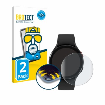 Front side of a product packaging with the brand logo BROTECT. Next to it is the device Samsung Galaxy Watch 4 (44mm) shown wi