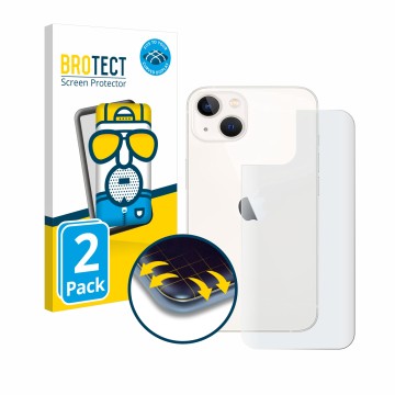 Front side of a product packaging with the brand logo BROTECT. Next to it is the device Apple iPhone 13 (Back) shown with the 