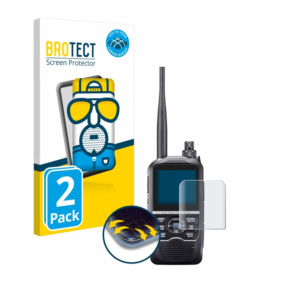 Vorderseite einer Produktverpackung mit dem Markenlogo BROTECT. Daneben ist das Gerät Icom ID-52E mit dem zugehörigen Displays