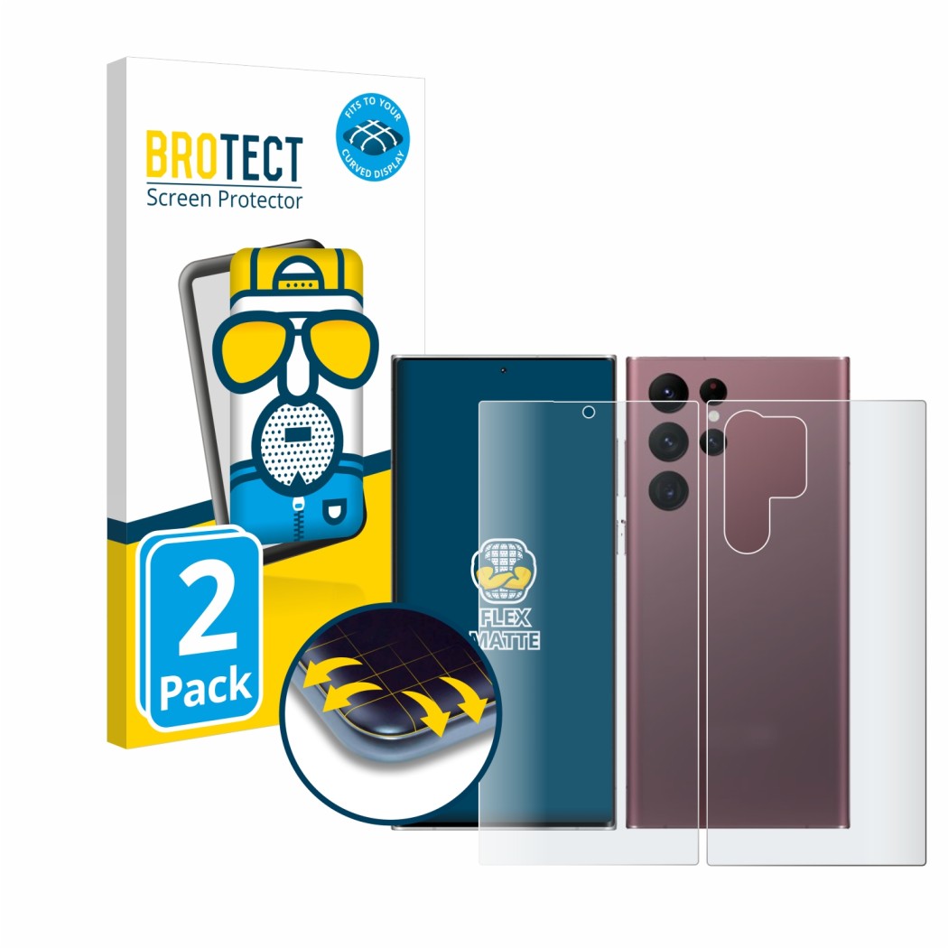 Face avant d’un emballage produit avec le logo de la marque BROTECT. À côté, l’appareil Samsung Galaxy S22 Ultra 5G (Avant+Arr