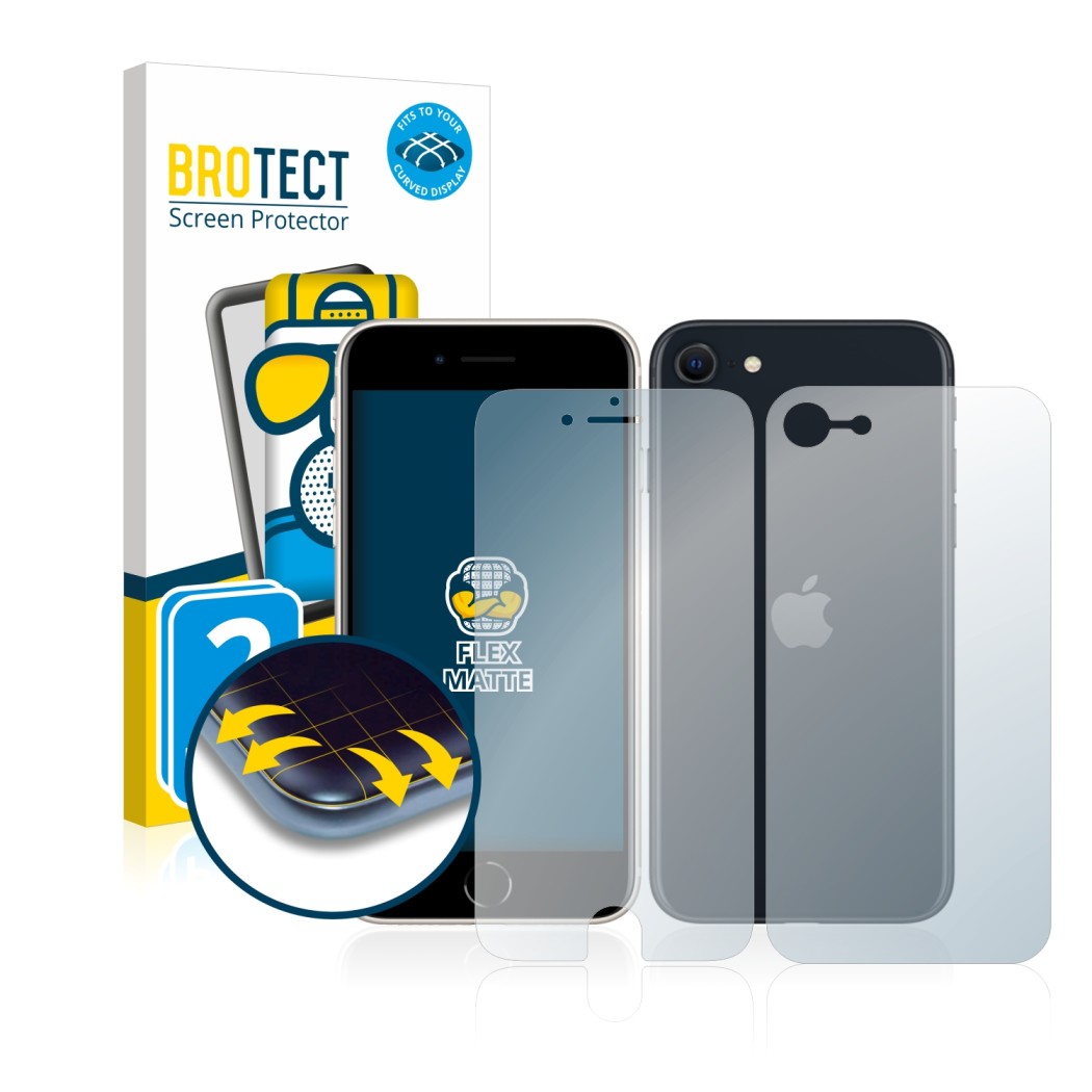 Parte frontal de un envase de producto con el logotipo de la marca BROTECT. Al lado se muestra el dispositivo Apple iPhone SE 