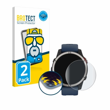 Parte frontal de un envase de producto con el logotipo de la marca BROTECT. Al lado se muestra el dispositivo Garmin quatix 7 