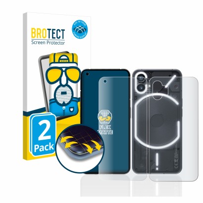 Front side of a product packaging with the brand logo BROTECT. Next to it is the device Nothing Phone (1) (Front+Back) shown w