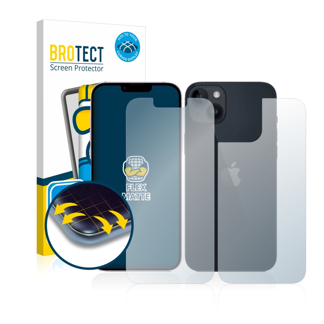 Front side of a product packaging with the brand logo BROTECT. Next to it is the device Apple iPhone 14 (Front+Back) shown wit