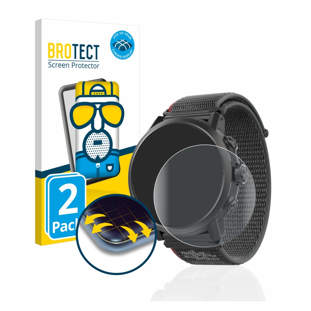 Vorderseite einer Produktverpackung mit dem Markenlogo BROTECT. Daneben ist das Gerät Coros Apex 2 mit dem zugehörigen Display