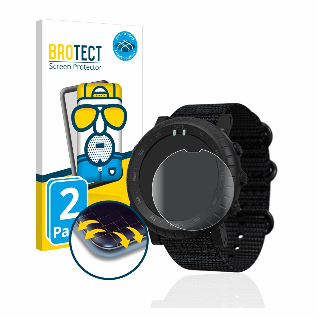 Parte frontal de un envase de producto con el logotipo de la marca BROTECT. Al lado se muestra el dispositivo Suunto Core Alph