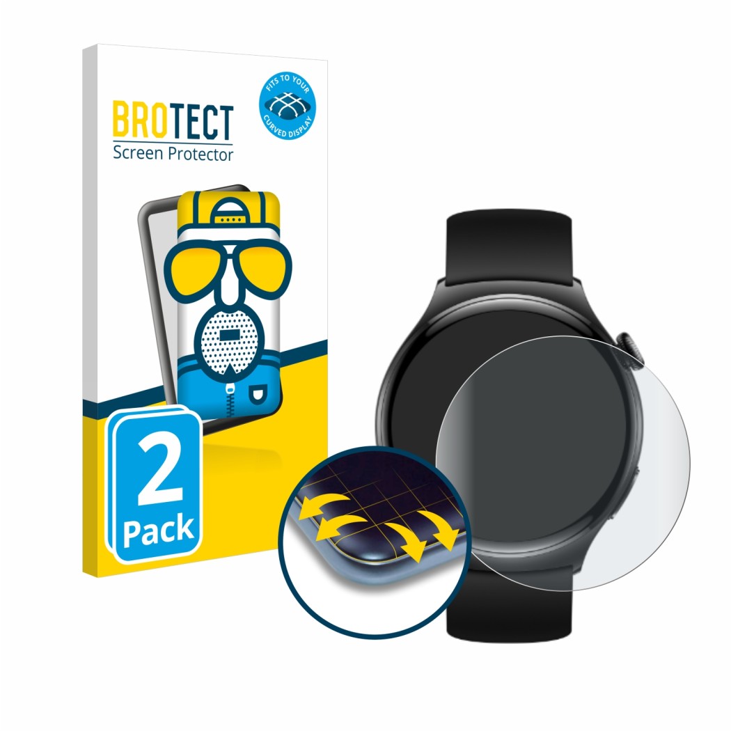 Vorderseite einer Produktverpackung mit dem Markenlogo BROTECT. Daneben ist das Gerät Huawei Watch 4 mit dem zugehörigen Displ