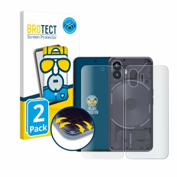 Face avant d’un emballage produit avec le logo de la marque BROTECT. À côté, l’appareil Nothing Phone (2) (Avant+Arrière) est 