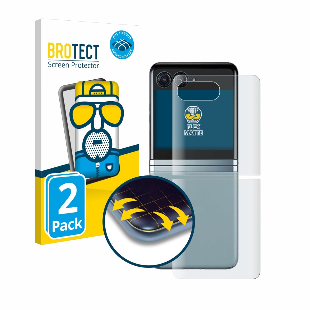 Vorderseite einer Produktverpackung mit dem Markenlogo BROTECT. Daneben ist das Gerät Motorola Razr 40 Ultra (Rückseite) mit d