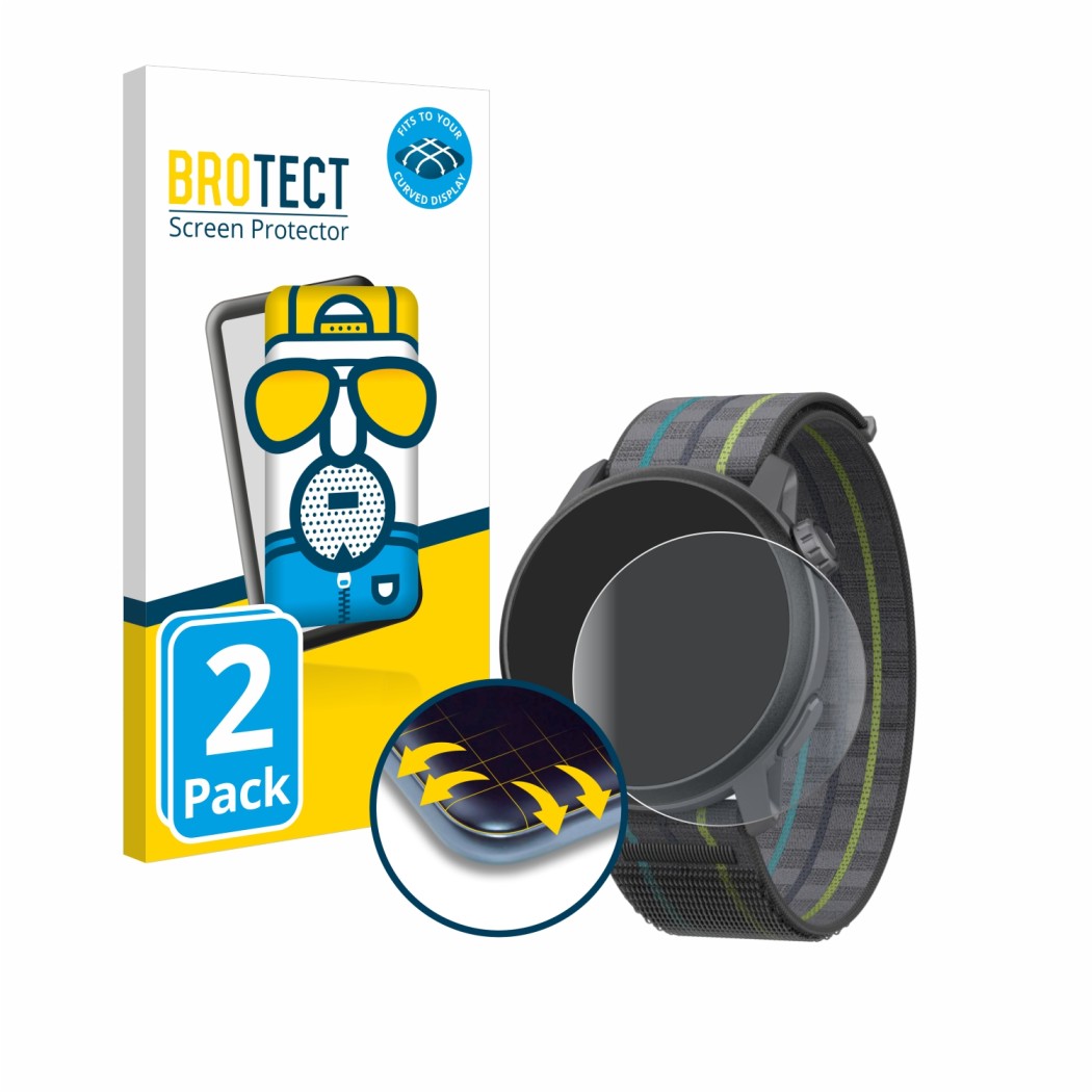 Parte frontal de un envase de producto con el logotipo de la marca BROTECT. Al lado se muestra el dispositivo Coros Pace 3 con