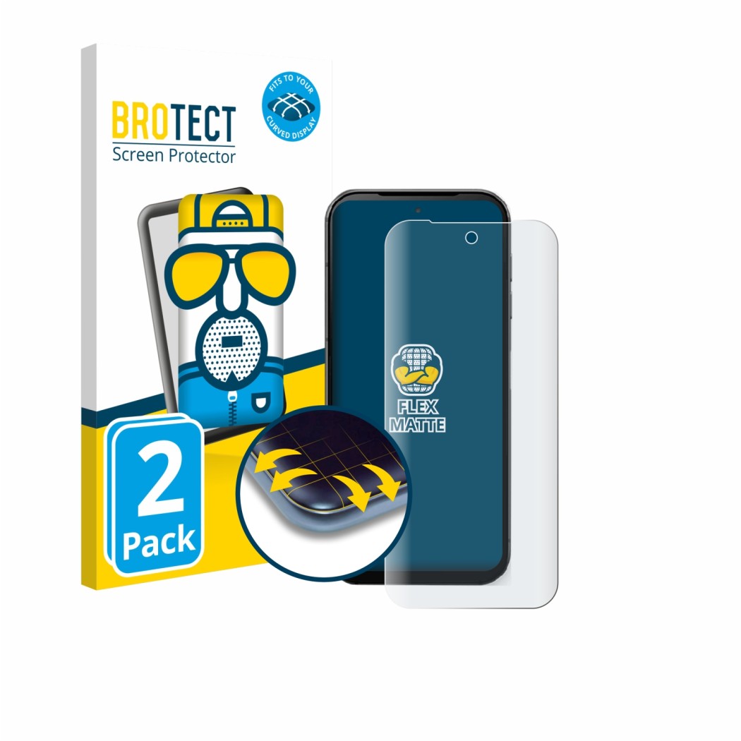 Front side of a product packaging with the brand logo BROTECT. Next to it is the device Fairphone 5 shown with the correspondi