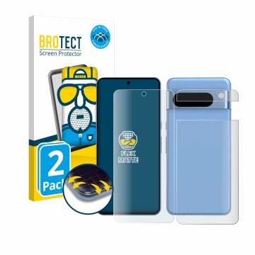 Face avant d’un emballage produit avec le logo de la marque BROTECT. À côté, l’appareil Google Pixel 8 Pro (Avant+Arrière) est
