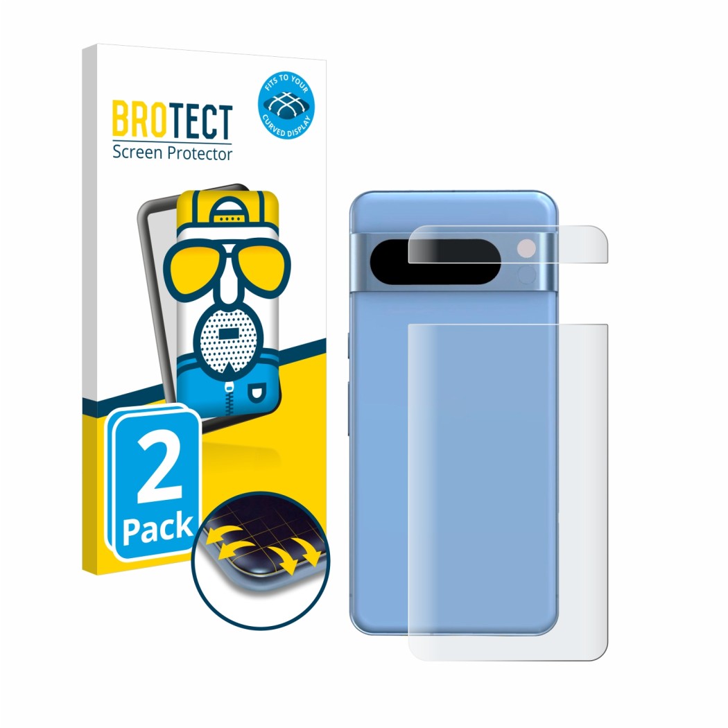 Front side of a product packaging with the brand logo BROTECT. Next to it is the device Google Pixel 8 Pro (Back) shown with t