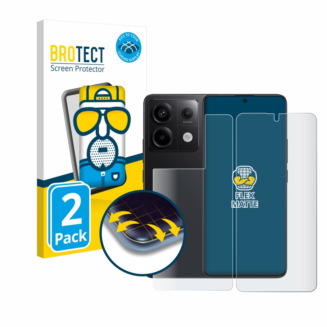 Face avant d’un emballage produit avec le logo de la marque BROTECT. À côté, l’appareil Xiaomi Redmi Note 13 Pro 5G (Avant+Arr