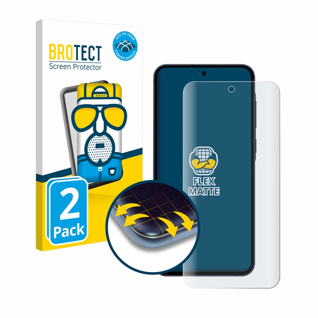 Vorderseite einer Produktverpackung mit dem Markenlogo BROTECT. Daneben ist das Gerät Samsung Galaxy A55 5G mit dem zugehörige