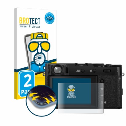 Parte frontale di una confezione del prodotto con il logo del marchio BROTECT. Accanto è raffigurato il dispositivo Fujifilm X