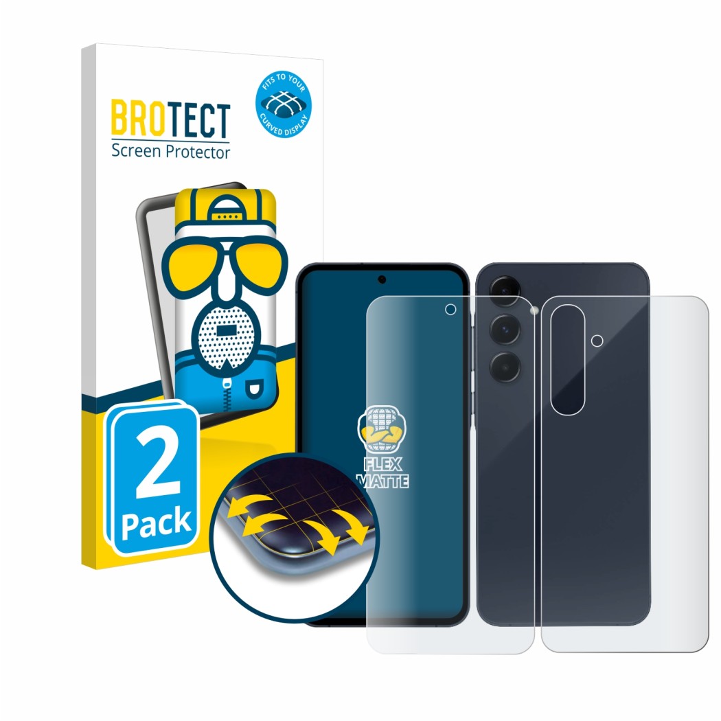 Vorderseite einer Produktverpackung mit dem Markenlogo BROTECT. Daneben ist das Gerät Samsung Galaxy A55 5G (Display+Rückseite