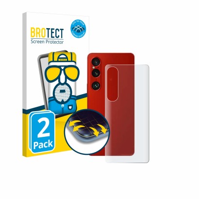 Front side of a product packaging with the brand logo BROTECT. Next to it is the device Sony Xperia 1 VI (Back) shown with the