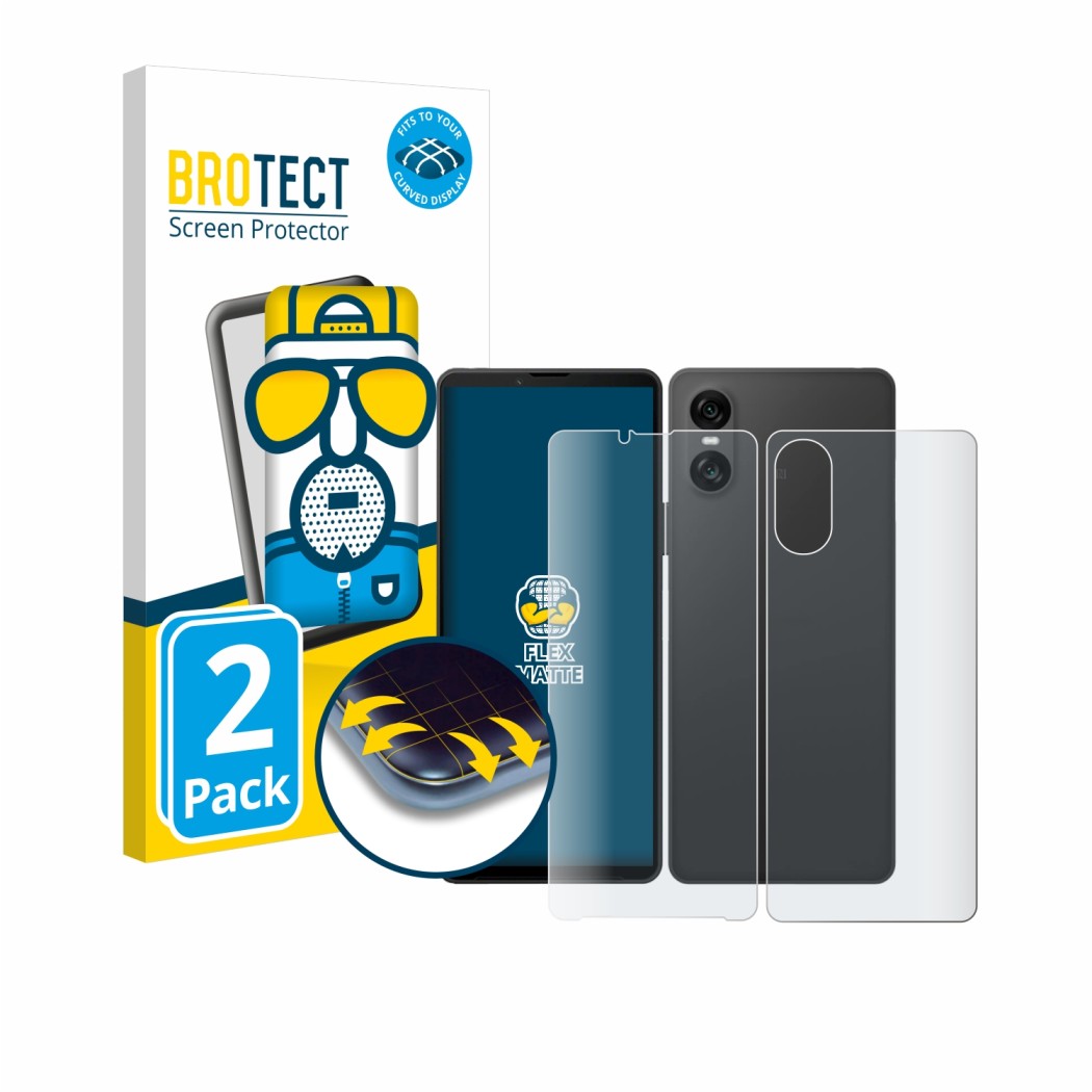 Front side of a product packaging with the brand logo BROTECT. Next to it is the device Sony Xperia 10 VI (Front+Back) shown w