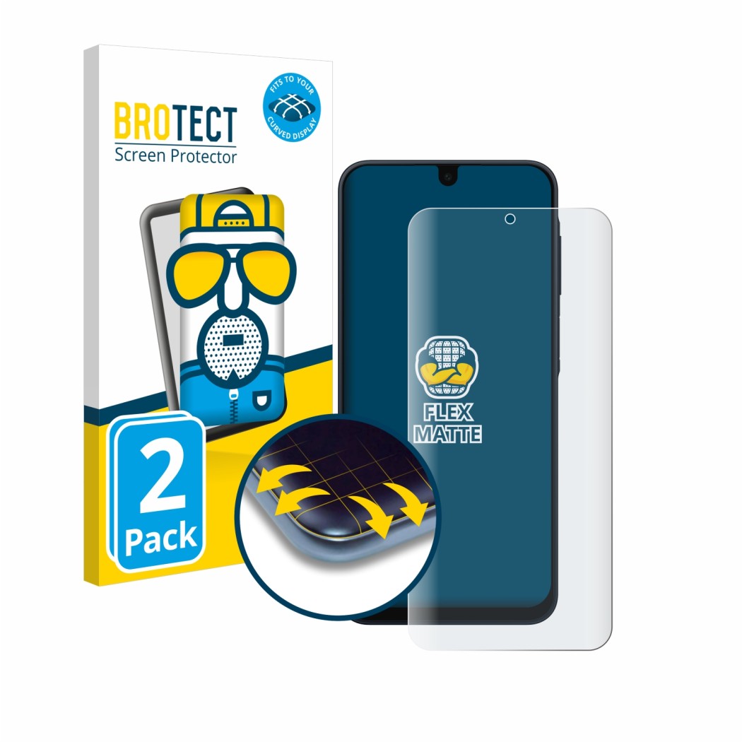 Front side of a product packaging with the brand logo BROTECT. Next to it is the device Samsung Galaxy A16 5G shown with the c