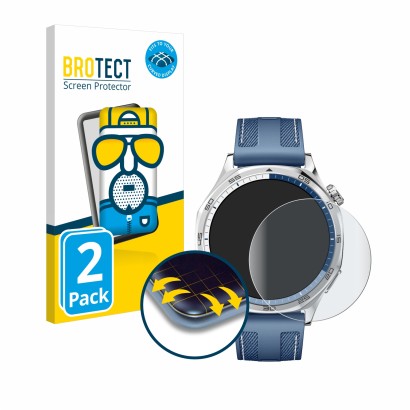 Face avant d’un emballage produit avec le logo de la marque BROTECT. À côté, l’appareil Huawei Watch GT 5 (46 mm) est représen