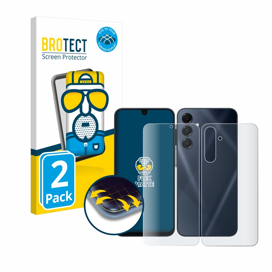 Front side of a product packaging with the brand logo BROTECT. Next to it is the device Samsung Galaxy A16 5G (Front+Back) sho