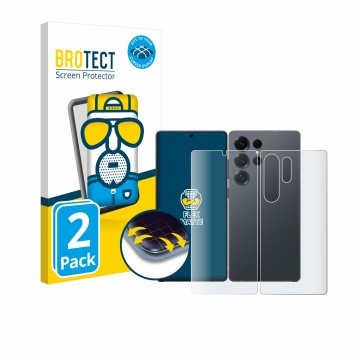 Front side of a product packaging with the brand logo BROTECT. Next to it is the device Samsung Galaxy S25 Ultra (Front+Back) 