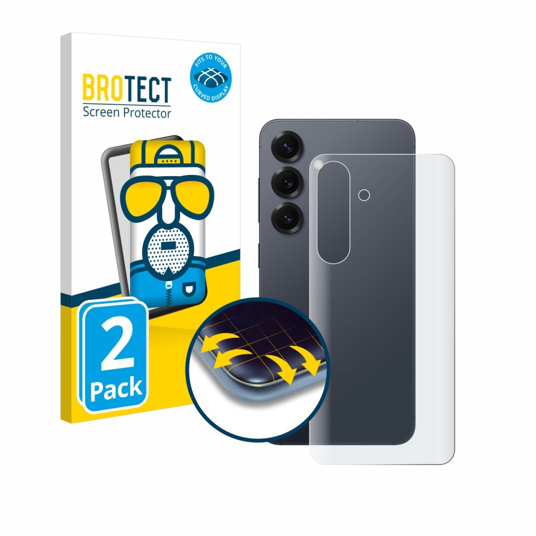 Front side of a product packaging with the brand logo BROTECT. Next to it is the device Samsung Galaxy S25 (Back) shown with t