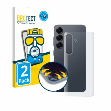 Front side of a product packaging with the brand logo BROTECT. Next to it is the device Samsung Galaxy S25 (Back) shown with t