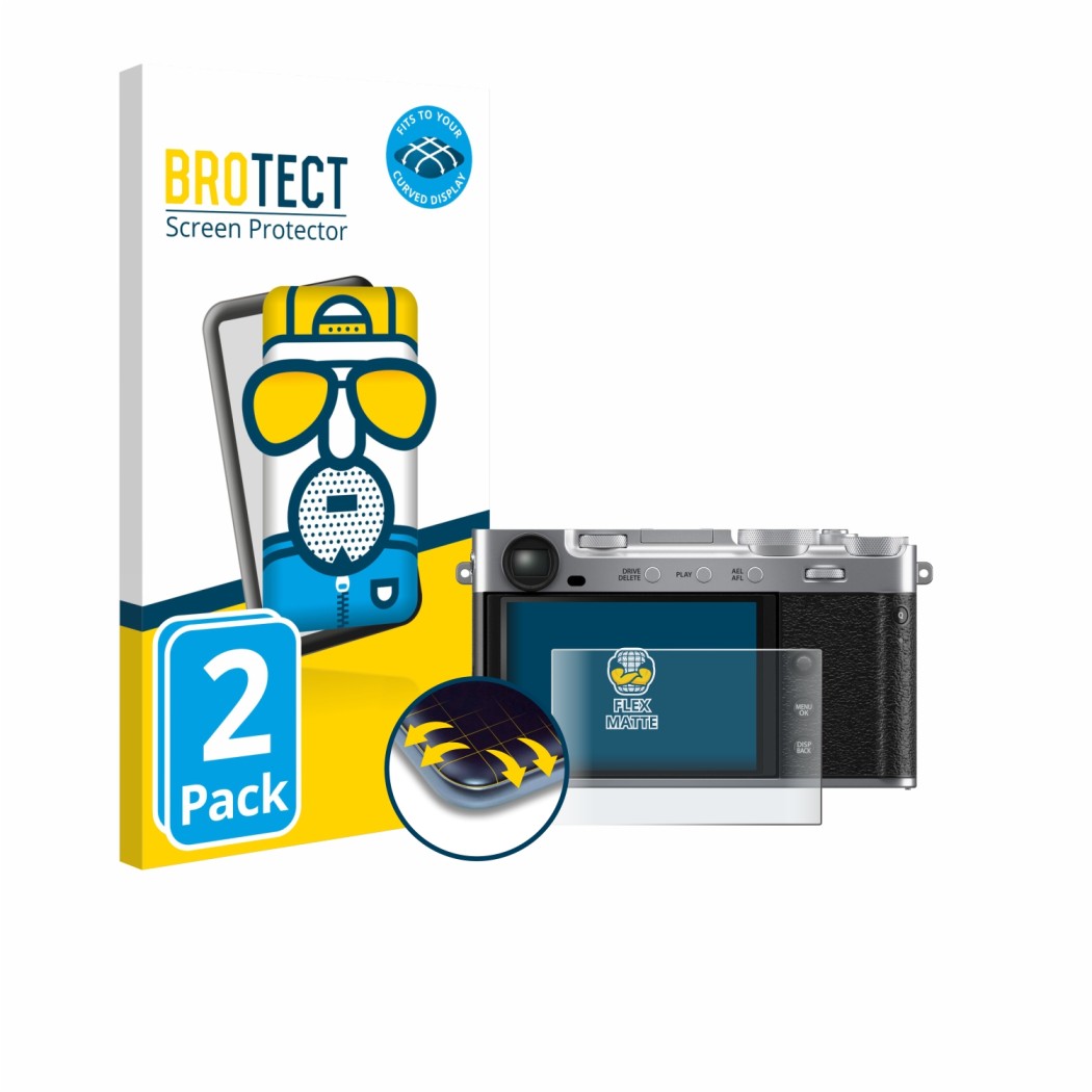 Face avant d’un emballage produit avec le logo de la marque BROTECT. À côté, l’appareil Fujifilm X-E5 est représenté avec la p