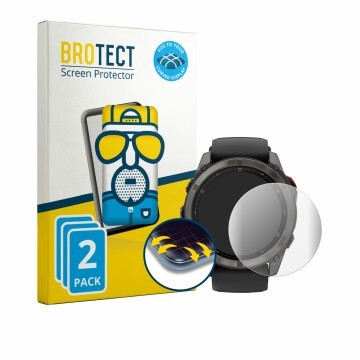 Face avant d’un emballage produit avec le logo de la marque BROTECT. À côté, l’appareil Garmin Fenix 8 Pro AMOLED (47 mm) est 