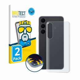 Vorderseite einer Produktverpackung mit dem Markenlogo BROTECT. Daneben ist das Gerät Samsung Galaxy S25 FE (Rückseite) mit de
