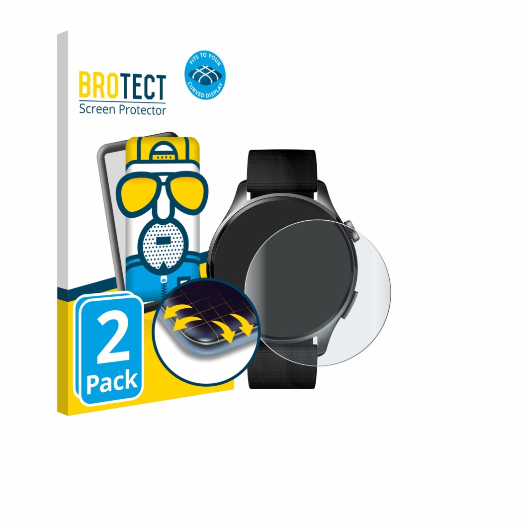 Vorderseite einer Produktverpackung mit dem Markenlogo BROTECT. Daneben ist das Gerät Xiaomi Watch 5 (47 mm) mit dem zugehörig