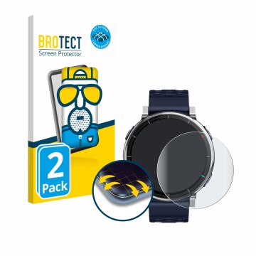 Face avant d’un emballage produit avec le logo de la marque BROTECT. À côté, l’appareil Amazfit Active 3 Premium est représent