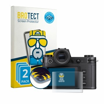 Front side of a product packaging with the brand logo BROTECT. Next to it is the device Leica SL3-P shown with the correspondi