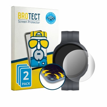 Face avant d’un emballage produit avec le logo de la marque BROTECT. À côté, l’appareil Samsung Galaxy Watch 9 (44 mm) est rep