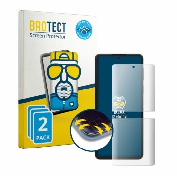 Face avant d’un emballage produit avec le logo de la marque BROTECT. À côté, l’appareil Samsung Galaxy Z Flip 8 est représenté
