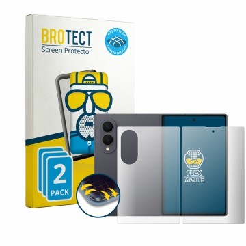Face avant d’un emballage produit avec le logo de la marque BROTECT. À côté, l’appareil Samsung Galaxy Z Fold 8 (Avant+Arrière