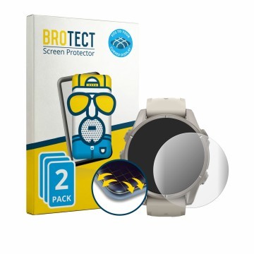 Parte frontal de un envase de producto con el logotipo de la marca BROTECT. Al lado se muestra el dispositivo Garmin Fenix 9 (