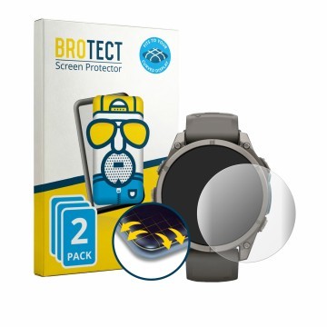 Parte frontal de un envase de producto con el logotipo de la marca BROTECT. Al lado se muestra el dispositivo Garmin Fenix 9 (