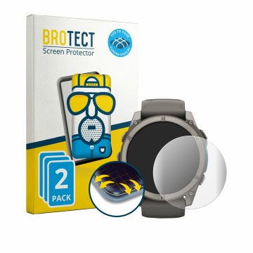 Parte frontal de un envase de producto con el logotipo de la marca BROTECT. Al lado se muestra el dispositivo Garmin Fenix 9 (