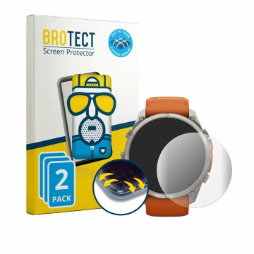 Parte frontal de un envase de producto con el logotipo de la marca BROTECT. Al lado se muestra el dispositivo Garmin Fenix 9 P