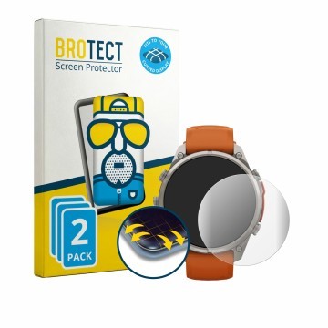 Face avant d’un emballage produit avec le logo de la marque BROTECT. À côté, l’appareil Garmin Fenix 9 Pro (47 mm) est représe
