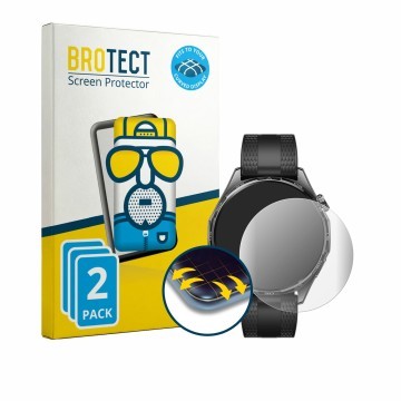 Parte frontal de un envase de producto con el logotipo de la marca BROTECT. Al lado se muestra el dispositivo Huawei Watch GT 