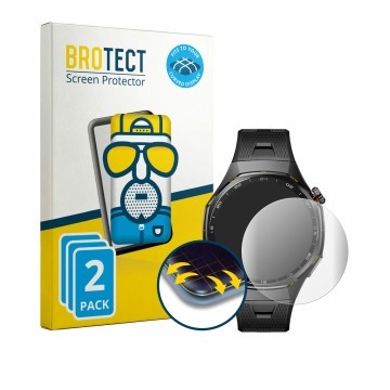Parte frontal de un envase de producto con el logotipo de la marca BROTECT. Al lado se muestra el dispositivo Huawei Watch GT 