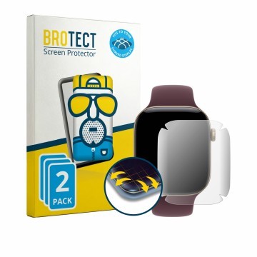 Face avant d’un emballage produit avec le logo de la marque BROTECT. À côté, l’appareil Apple Watch Series 12 (46 mm) est repr