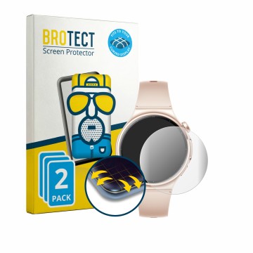 Parte frontal de un envase de producto con el logotipo de la marca BROTECT. Al lado se muestra el dispositivo Huawei Watch 6 4