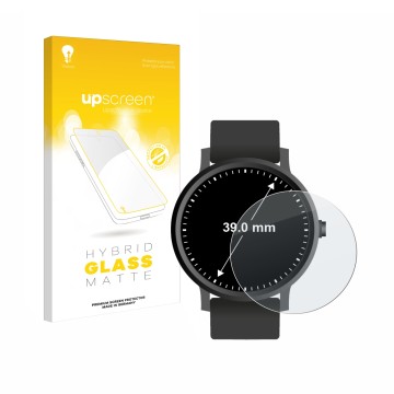 Parte frontal de un envase de producto con el logotipo de la marca upscreen. Al lado se muestra el dispositivo Relojes (Circul